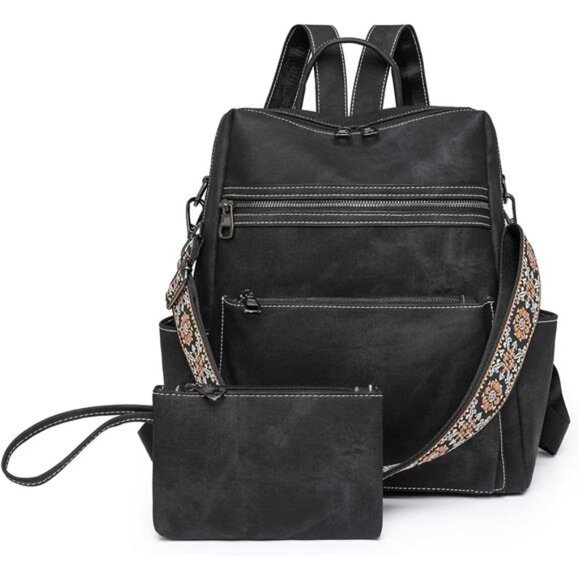 Backpack Purse, PU Leather Backpack, Black - Picture 1 of 7